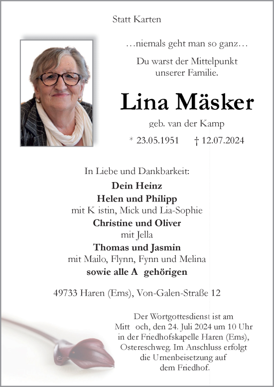 Traueranzeige von Lina Mäsker von Neue Osnabrücker Zeitung GmbH & Co. KG