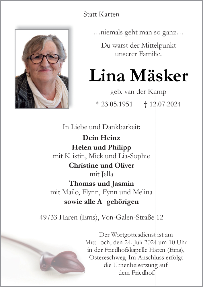  Traueranzeige für Lina Mäsker vom 19.07.2024 aus Neue Osnabrücker Zeitung GmbH & Co. KG