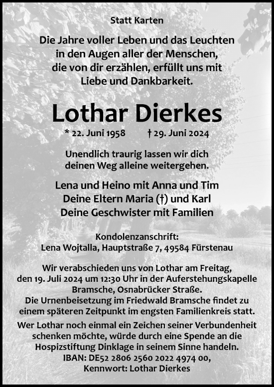 Traueranzeige von Lothar Dierkes von Neue Osnabrücker Zeitung GmbH & Co. KG