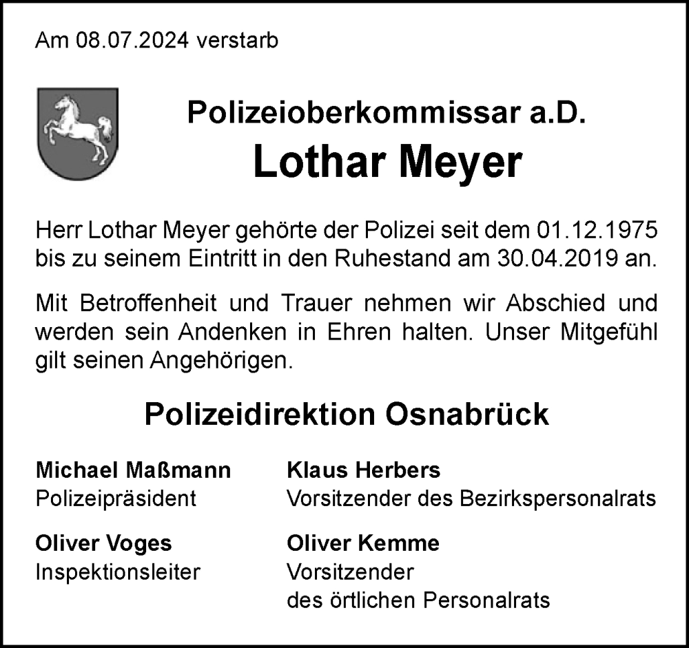  Traueranzeige für Lothar Meyer vom 19.07.2024 aus Neue Osnabrücker Zeitung GmbH & Co. KG