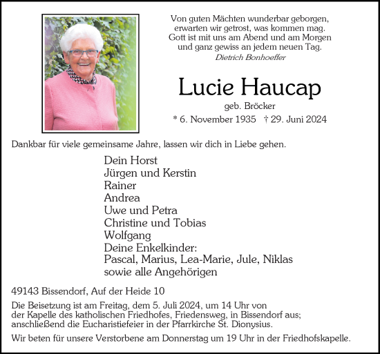 Traueranzeige von Lucie Haucap von Neue Osnabrücker Zeitung GmbH & Co. KG