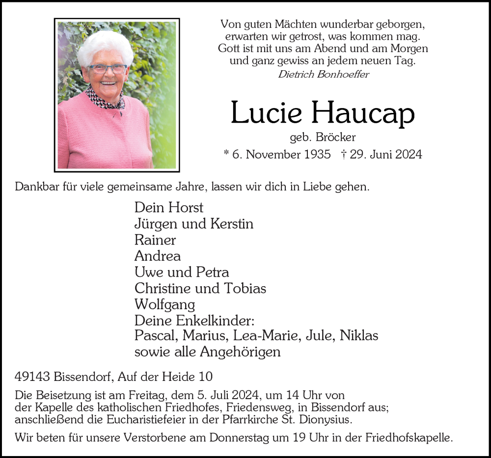  Traueranzeige für Lucie Haucap vom 03.07.2024 aus Neue Osnabrücker Zeitung GmbH & Co. KG
