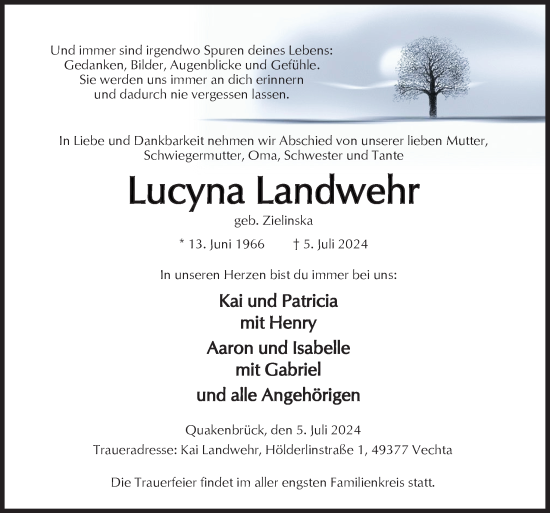 Traueranzeige von Lucyna Landwehr von Neue Osnabrücker Zeitung GmbH & Co. KG