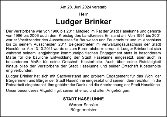 Traueranzeige von Ludger Brinker von Neue Osnabrücker Zeitung GmbH & Co. KG