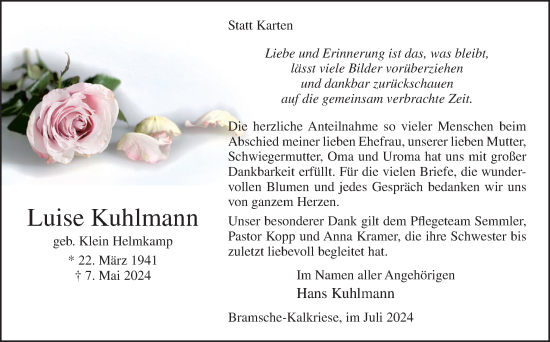 Traueranzeige von Luise Kuhlmann von Neue Osnabrücker Zeitung GmbH & Co. KG