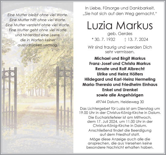 Traueranzeige von Luzia Markus von Neue Osnabrücker Zeitung GmbH & Co. KG