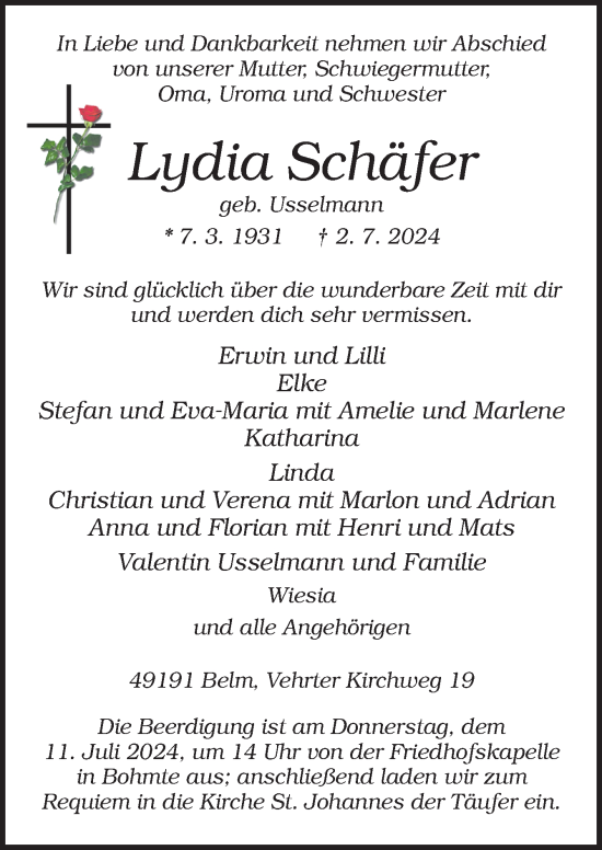 Traueranzeige von Lydia Schäfer von Neue Osnabrücker Zeitung GmbH & Co. KG