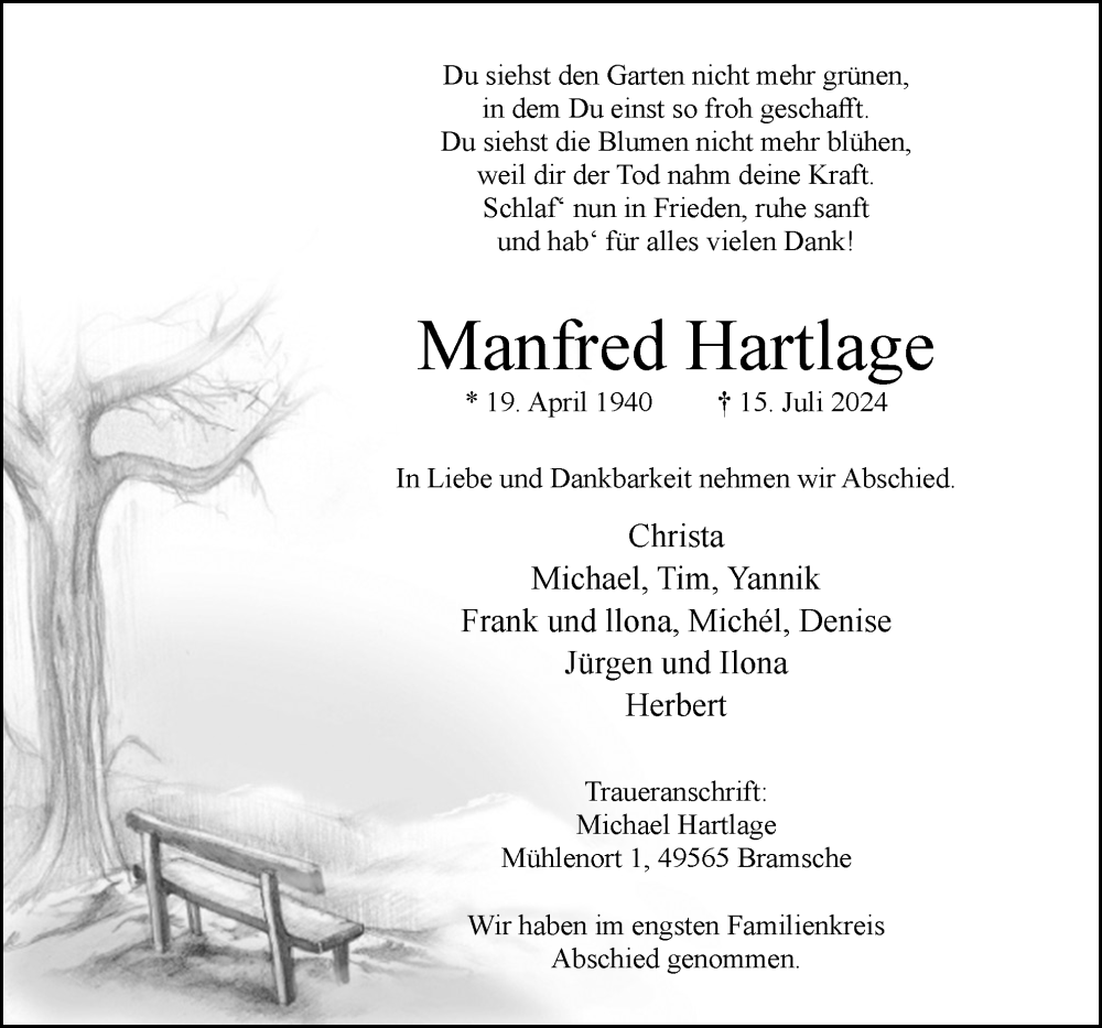 Traueranzeige für Manfred Hartlage vom 23.07.2024 aus Neue Osnabrücker Zeitung GmbH & Co. KG