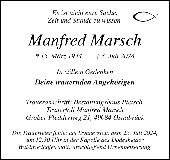 Traueranzeige von Manfred Marsch von Neue Osnabrücker Zeitung GmbH & Co. KG
