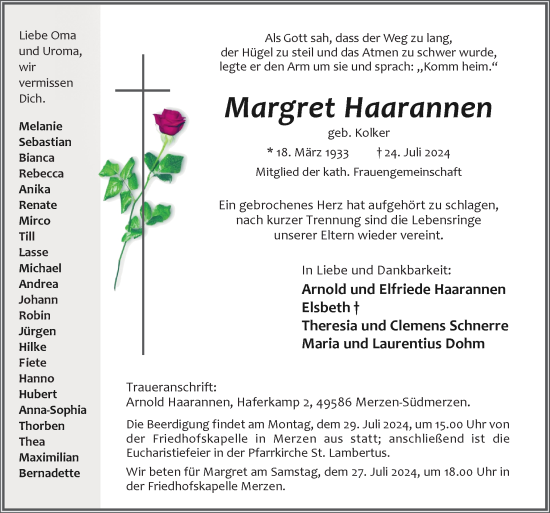 Traueranzeige von Margret Haarannen von Neue Osnabrücker Zeitung GmbH & Co. KG