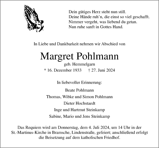 Traueranzeige von Margret Pohlmann von Neue Osnabrücker Zeitung GmbH & Co. KG