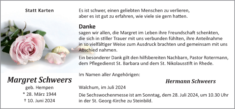  Traueranzeige für Margret Schweers vom 24.07.2024 aus Neue Osnabrücker Zeitung GmbH & Co. KG