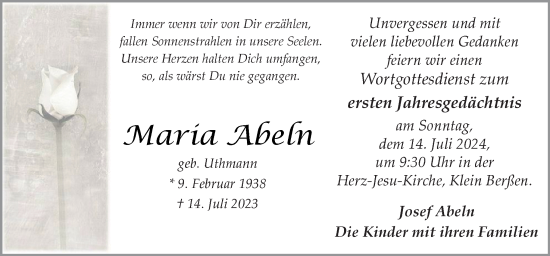 Traueranzeige von Maria Abeln von Neue Osnabrücker Zeitung GmbH & Co. KG