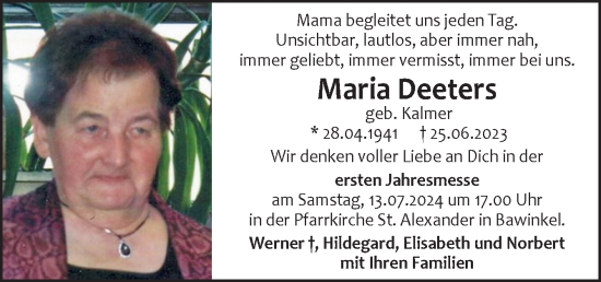 Traueranzeige von Maria Deeters von Neue Osnabrücker Zeitung GmbH & Co. KG