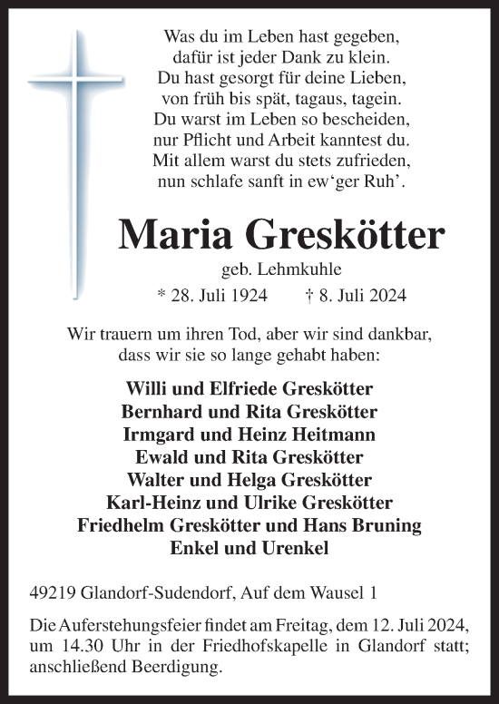 Traueranzeige von Maria Greskötter von Neue Osnabrücker Zeitung GmbH & Co. KG