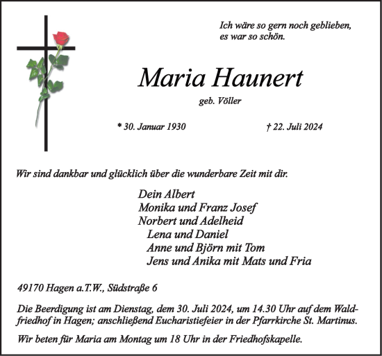 Traueranzeige von Maria Haunert von Neue Osnabrücker Zeitung GmbH & Co. KG