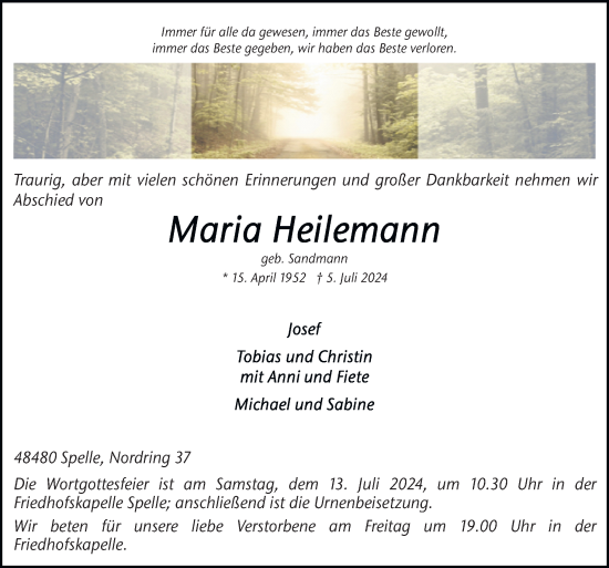 Traueranzeige von Maria Heilemann von Neue Osnabrücker Zeitung GmbH & Co. KG