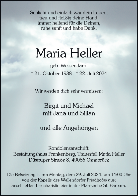 Traueranzeige von Maria Heller von Neue Osnabrücker Zeitung GmbH & Co. KG