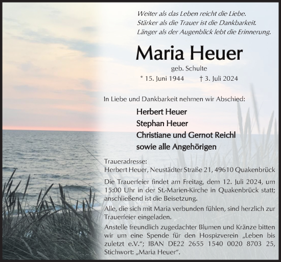 Traueranzeige von Maria Heuer von Neue Osnabrücker Zeitung GmbH & Co. KG