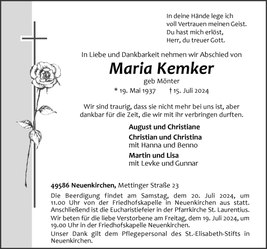 Traueranzeige von Maria Kemker von Neue Osnabrücker Zeitung GmbH & Co. KG