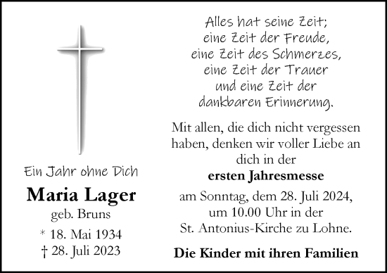 Traueranzeige von Maria Lager von Neue Osnabrücker Zeitung GmbH & Co. KG