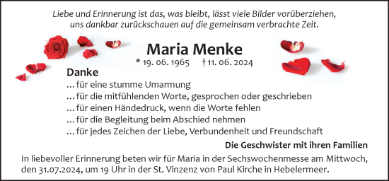 Traueranzeige von Maria Menke von Neue Osnabrücker Zeitung GmbH & Co. KG