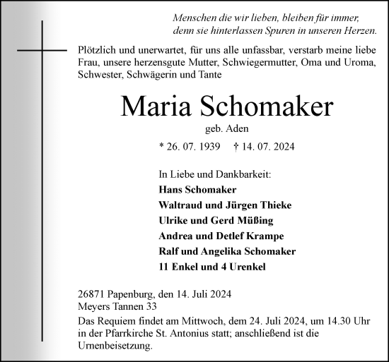 Traueranzeige von Maria Schomaker von Neue Osnabrücker Zeitung GmbH & Co. KG