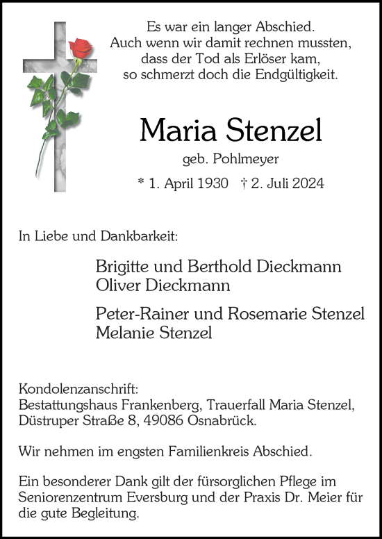 Traueranzeige von Maria Stenzel von Neue Osnabrücker Zeitung GmbH & Co. KG