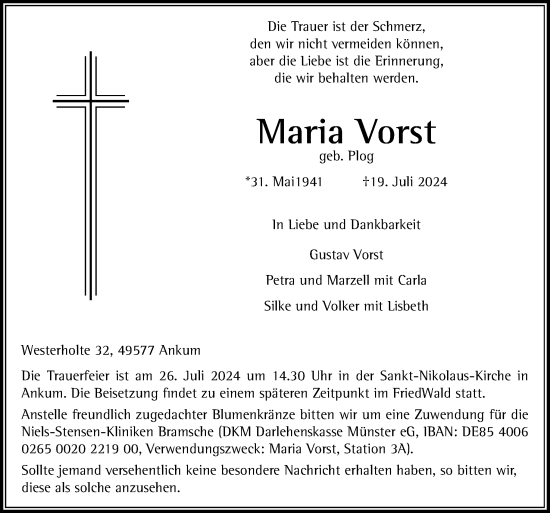 Traueranzeige von Maria Vorst von Neue Osnabrücker Zeitung GmbH & Co. KG