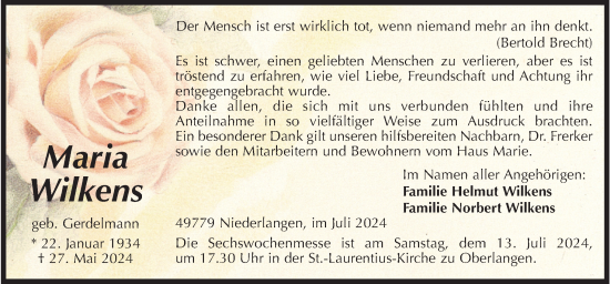 Traueranzeige von Maria Wilkens von Neue Osnabrücker Zeitung GmbH & Co. KG