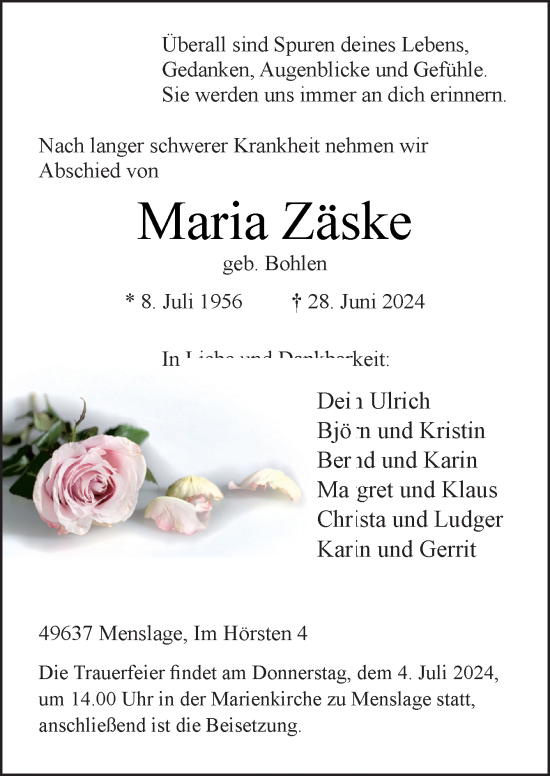 Traueranzeige von Maria Zäske von Neue Osnabrücker Zeitung GmbH & Co. KG