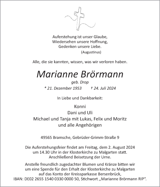 Traueranzeige von Marianne Brörmann von Neue Osnabrücker Zeitung GmbH & Co. KG