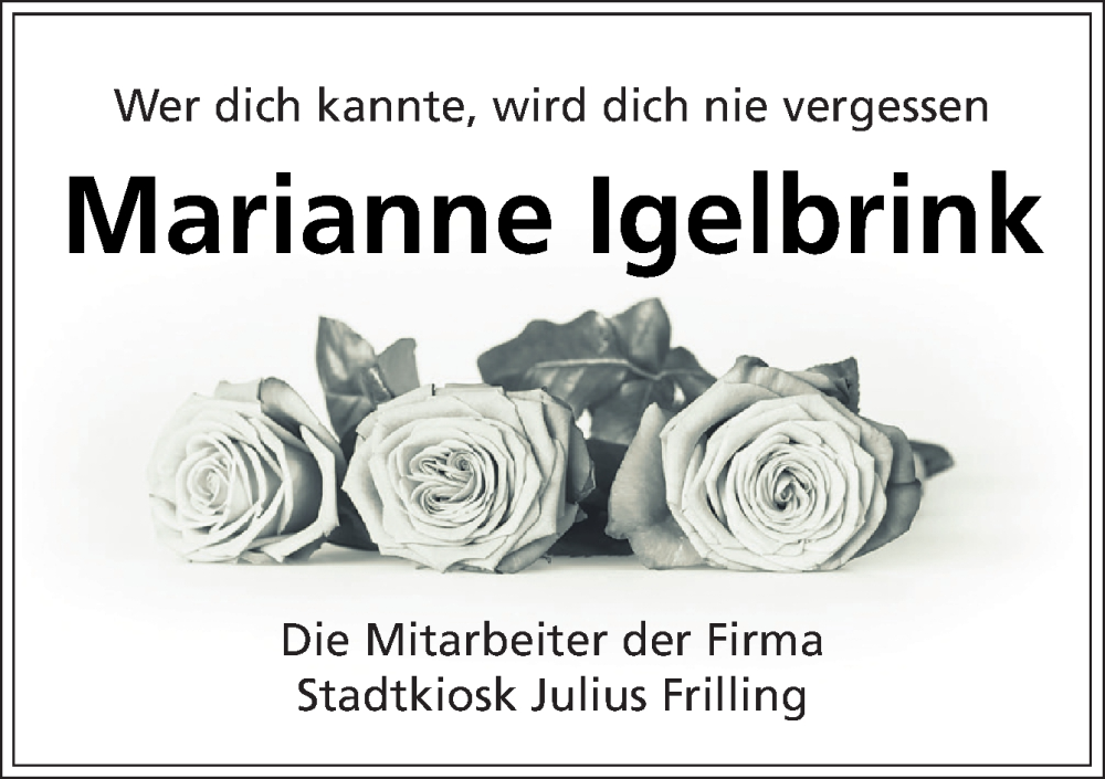  Traueranzeige für Marianne Igelbrink vom 27.07.2024 aus Neue Osnabrücker Zeitung GmbH & Co. KG