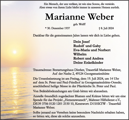 Traueranzeige von Marianne Weber von Neue Osnabrücker Zeitung GmbH & Co. KG