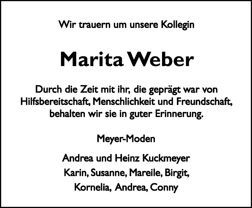  Traueranzeige für Marita Weber vom 27.07.2024 aus Neue Osnabrücker Zeitung GmbH & Co. KG