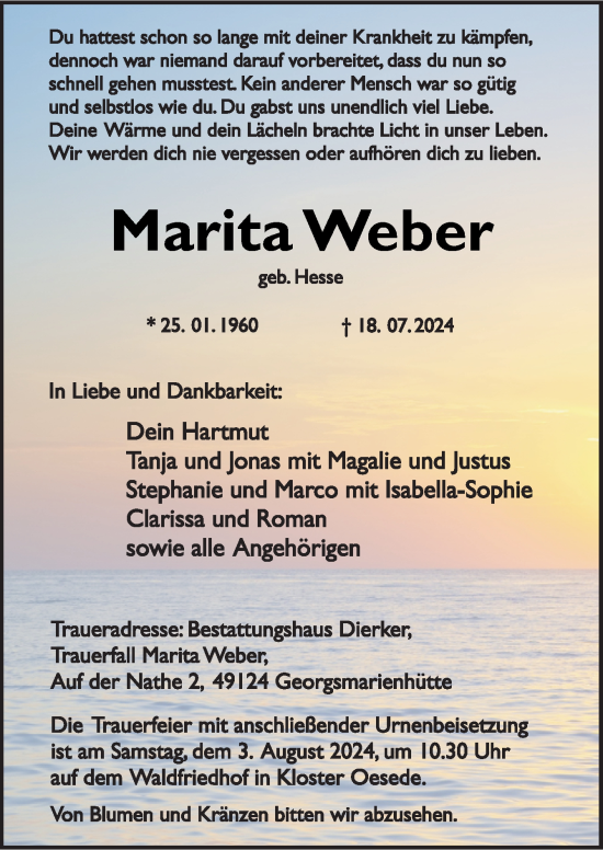 Traueranzeige von Marita Weber von Neue Osnabrücker Zeitung GmbH & Co. KG