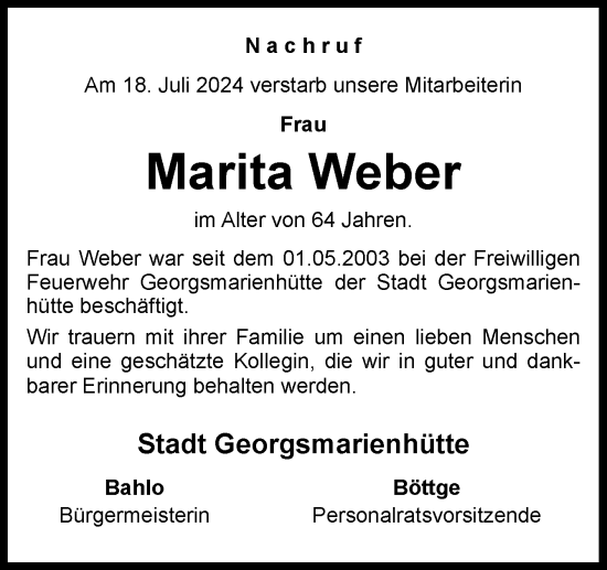 Traueranzeige von Marita Weber von Neue Osnabrücker Zeitung GmbH & Co. KG