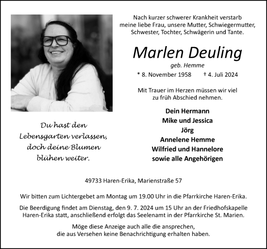 Traueranzeige von Marlen Deuling von Neue Osnabrücker Zeitung GmbH & Co. KG