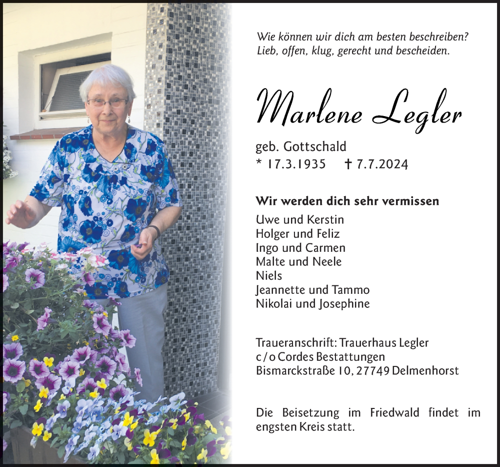  Traueranzeige für Marlene Legler vom 13.07.2024 aus DK Medien GmbH & Co. KG