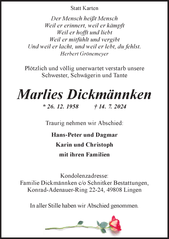 Traueranzeige von Marlies Dickmännken von Neue Osnabrücker Zeitung GmbH & Co. KG