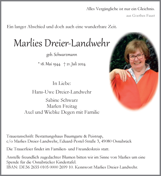 Traueranzeige von Marlies Dreier-Landwehr von Neue Osnabrücker Zeitung GmbH & Co. KG