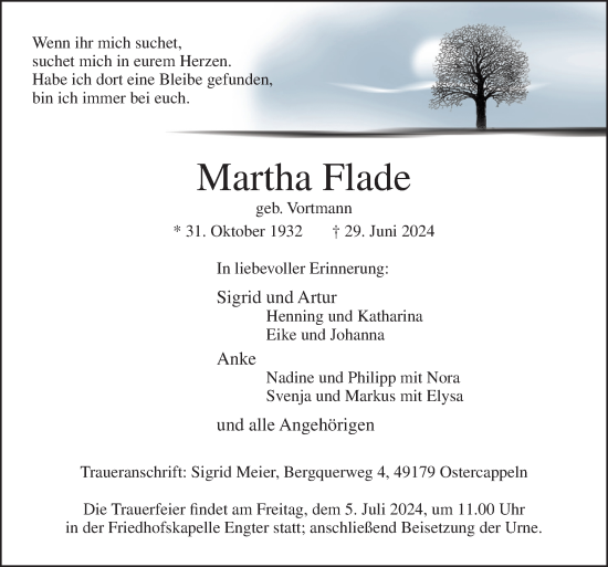 Traueranzeige von Martha Flade von Neue Osnabrücker Zeitung GmbH & Co. KG