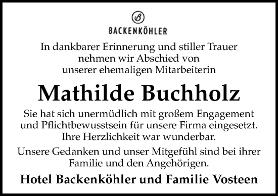 Traueranzeige von Mathilde Buchholz von DK Medien GmbH & Co. KG