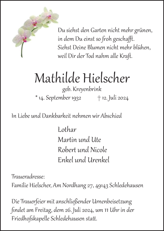 Traueranzeige von Mathilde Hielscher von Neue Osnabrücker Zeitung GmbH & Co. KG