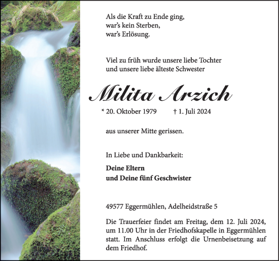 Traueranzeige von Milita Arzich von Neue Osnabrücker Zeitung GmbH & Co. KG