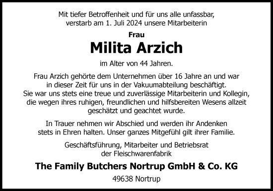 Traueranzeige von Milita Arzich von Neue Osnabrücker Zeitung GmbH & Co. KG