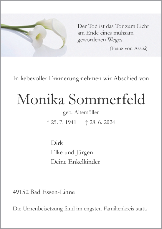 Traueranzeige von Monika Sommerfeld von Neue Osnabrücker Zeitung GmbH & Co. KG