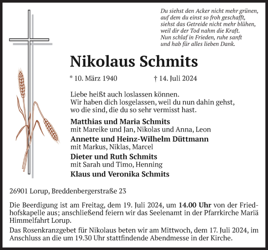 Traueranzeige von Nikolaus Schmits von Neue Osnabrücker Zeitung GmbH & Co. KG