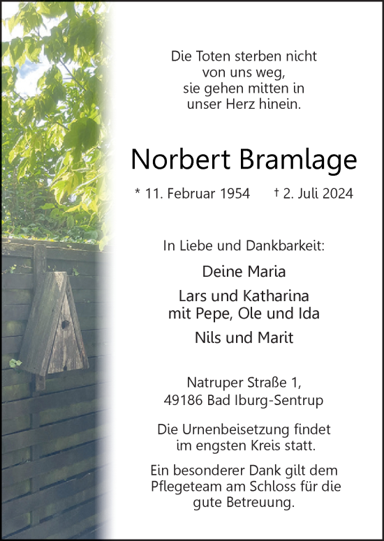 Traueranzeige von Norbert Bramlage von Neue Osnabrücker Zeitung GmbH & Co. KG