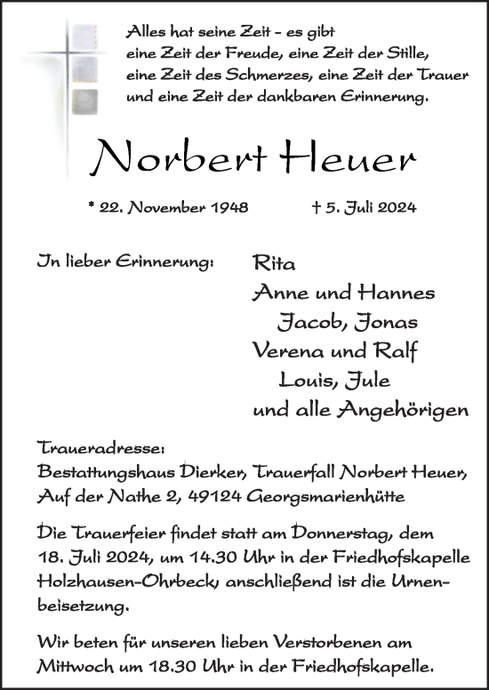 Traueranzeige von Norbert Heuer von Neue Osnabrücker Zeitung GmbH & Co. KG